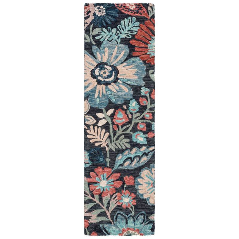 Lonie Hand Tufted Wool/Cotton Floral Rug in Blue/Charcoal, Runner 2'3" x 8'