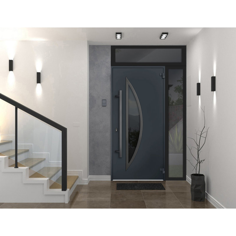 Porte avant en acier pré-suspendue à l'avant / deux 6501 anthracite / fenêtre extérieure latérale et supérieure / inserts en acier inoxydable peints simples modernes - l 36 po x H 80 po + 16 po - Gauche