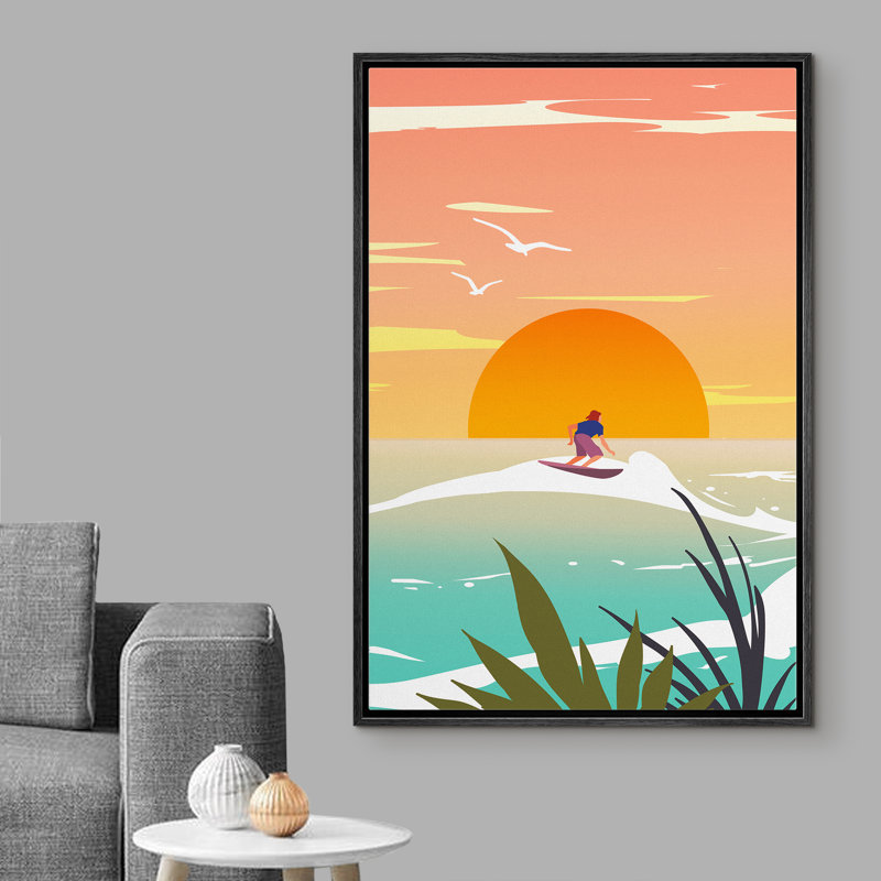 «Coastal Beach Surfing Towards The Sun», reproduction sur toile flottante, Cadre noir, H 24 po x l 16 po x P 1,5 po