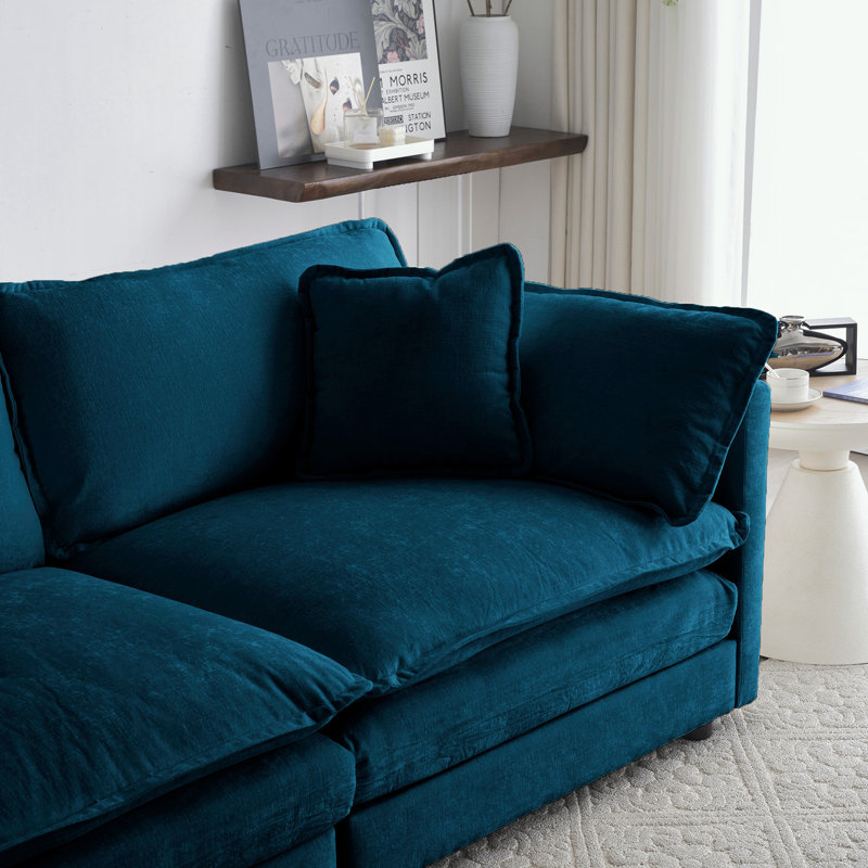 Modular 4-Seater Sofa with Chenille Fabric Upholstery with a Fixed Arm and Solid Wood Frame, Blue, 33" H x 111.5" W x 35" D