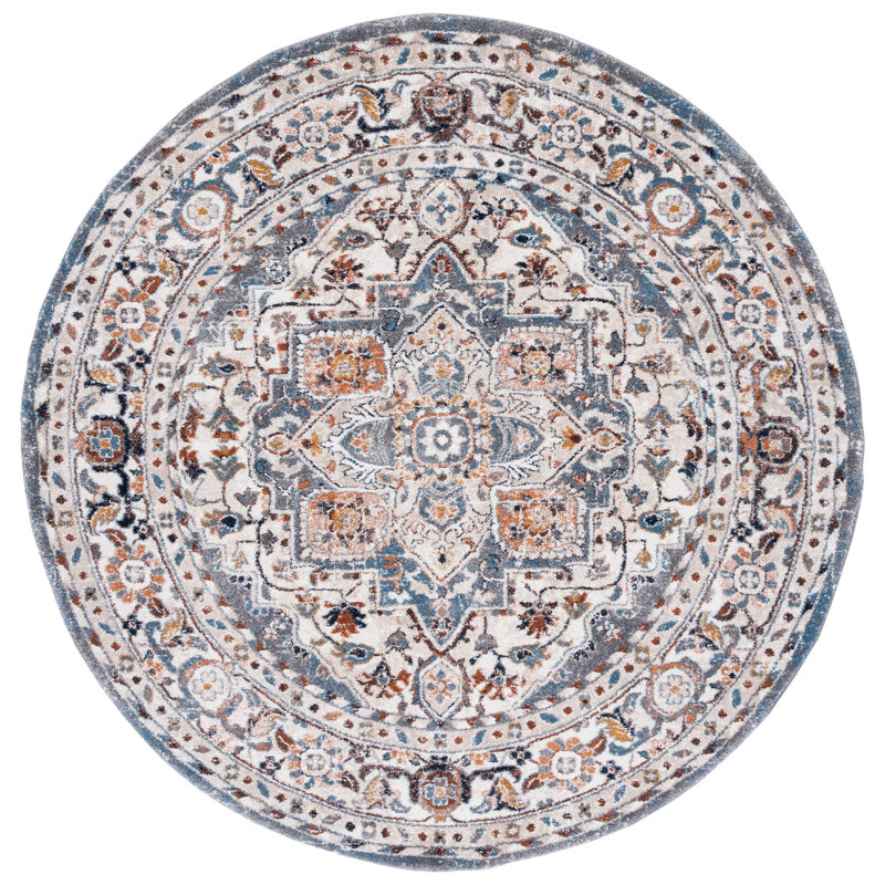 Tapis oriental en polypropylène tissé à la machine Gumm - bleu clair / blanc, Rond 6 pi 7 po