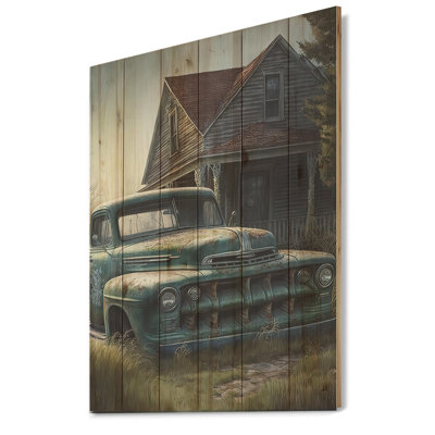 Vieux camion américain dans une grange II - Art mural en bois de campagne / campagne - Bois de pin naturel