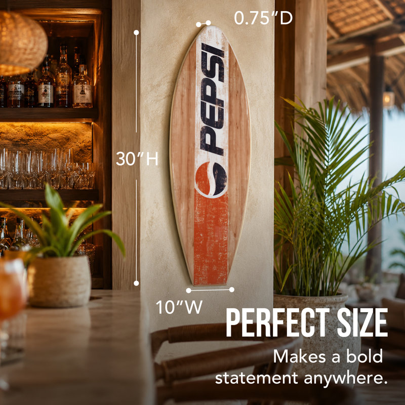 Plaque murale de planche de surf officielle sous licence de Pepsi, décoration murale de plage côtière rétro, panneau de planche de surf en bois aggloméré, 10 po x 30 po