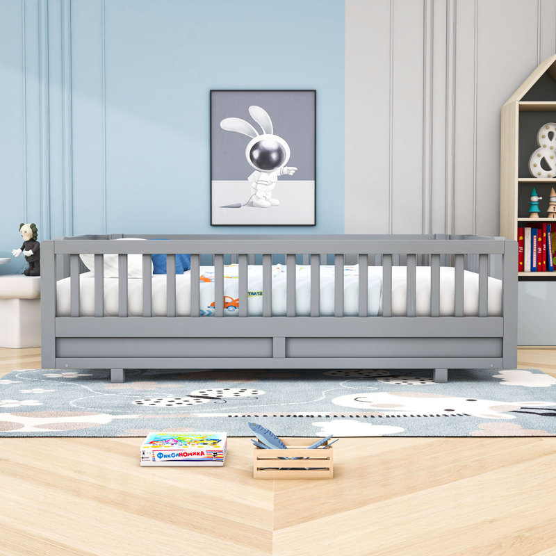 Lit plateforme en bois avec garde-corps et lattes, gris, Très grand simple