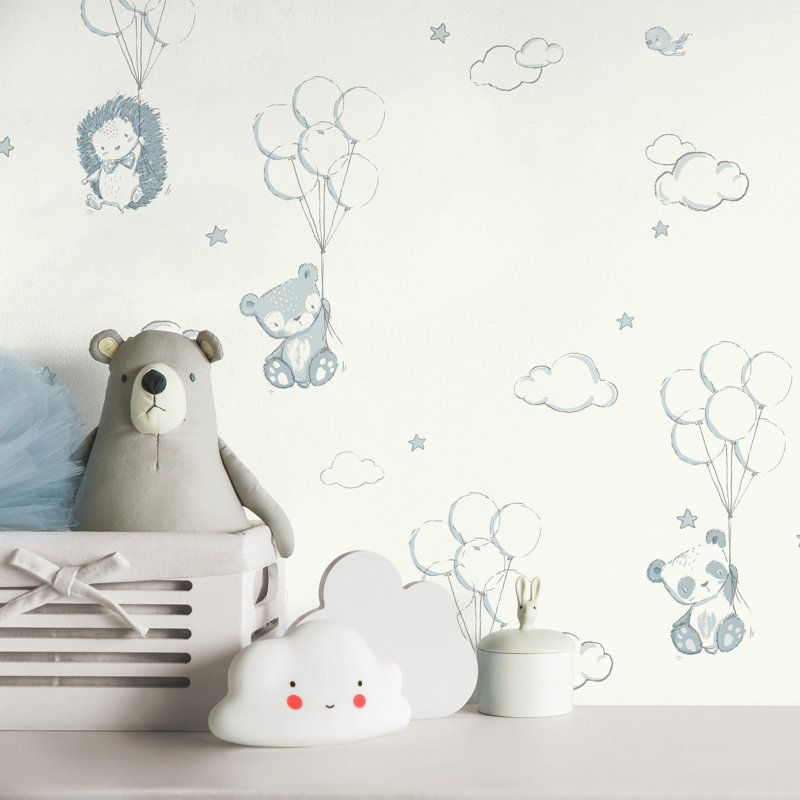 Papier peint animaux avec des ballons flottants, Bleu