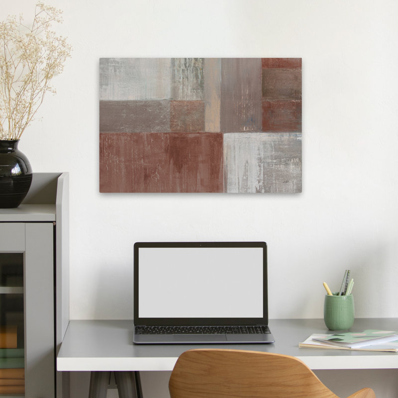 Homespun rouge contemporain abstrait gris brun gris, H 24 po x l 16 po