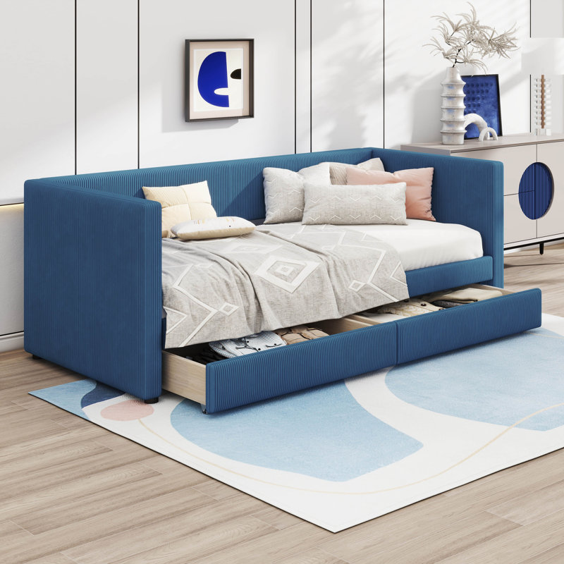 Alcorta Upholstered Corduroy Daybed Bed with Drawers, Blue