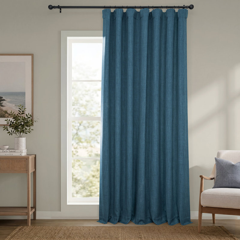 Ottis Faux Linen Room Darkening Curtain Panel, 100" W x 108" L, Story Blue