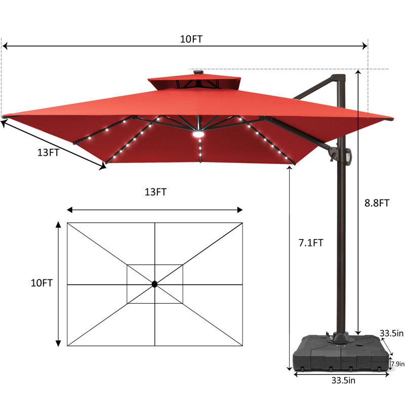 154'' X 116'' Rectangular Outdoor Solar Led Cantilever Patio Umbrella, Counter Weights Included, Rouge