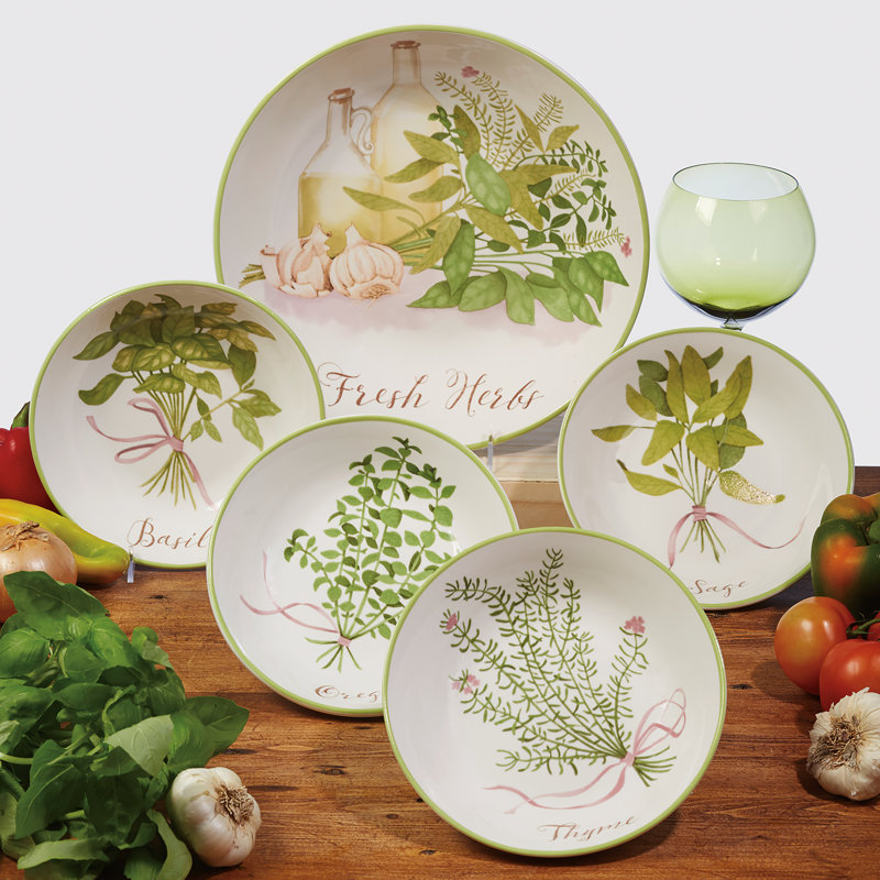 Fresh Herbs Ceramic Round Pasta Bowl Set