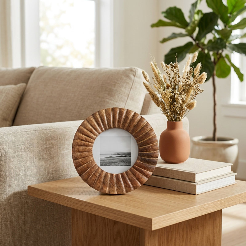 Ribbed Mango Wood and Glass Round Picture Frame for Home Accent - Decorative Photo Frame for Entryway Display Arrangement - 7", Brown & Tan