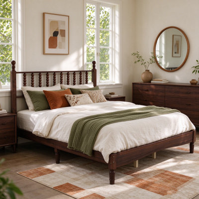 Lit Queen Size de style ferme avec tête de lit artistique, lit plateforme rétro avec sommier à lattes en bois, aucun sommier requis, montage facile, noyer