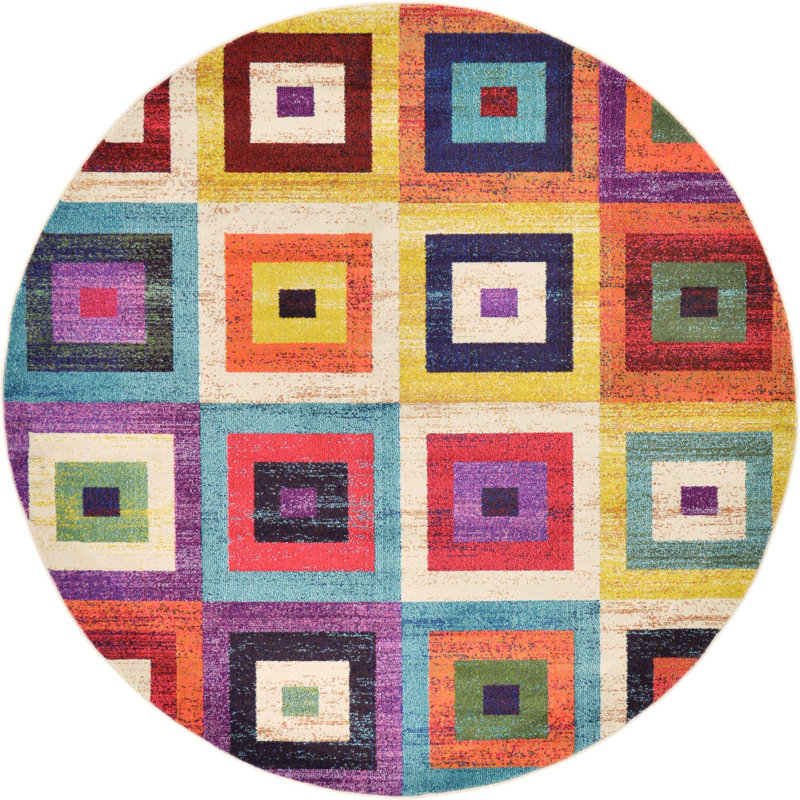Tapis géométrique bleu / mauve / orange Jesusae, Rond 8 pi