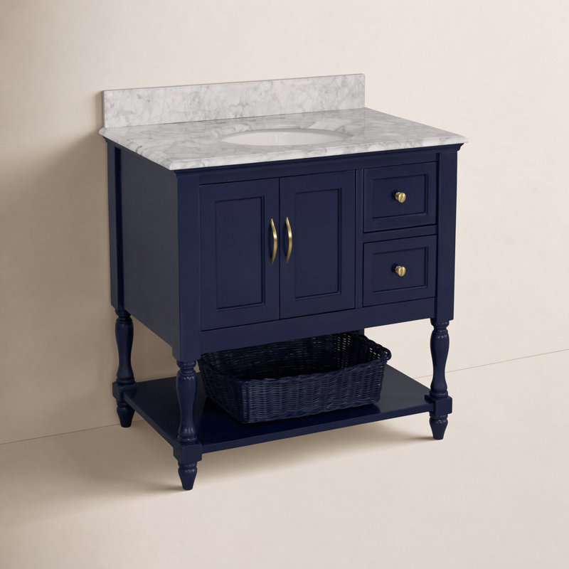 Ensemble de meuble-lavabo simple 36 po Hampton, Bleu royal, Marbre de Carrare
