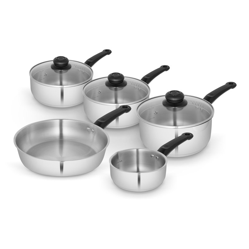 Swan Townhouse 5 Piece Stainless Steel Cookware Set with 16/18/20cm saucepans with Glass Lids, 14cm Milk Pan, 24cm Frying Pan, Suitable for All Hob Types