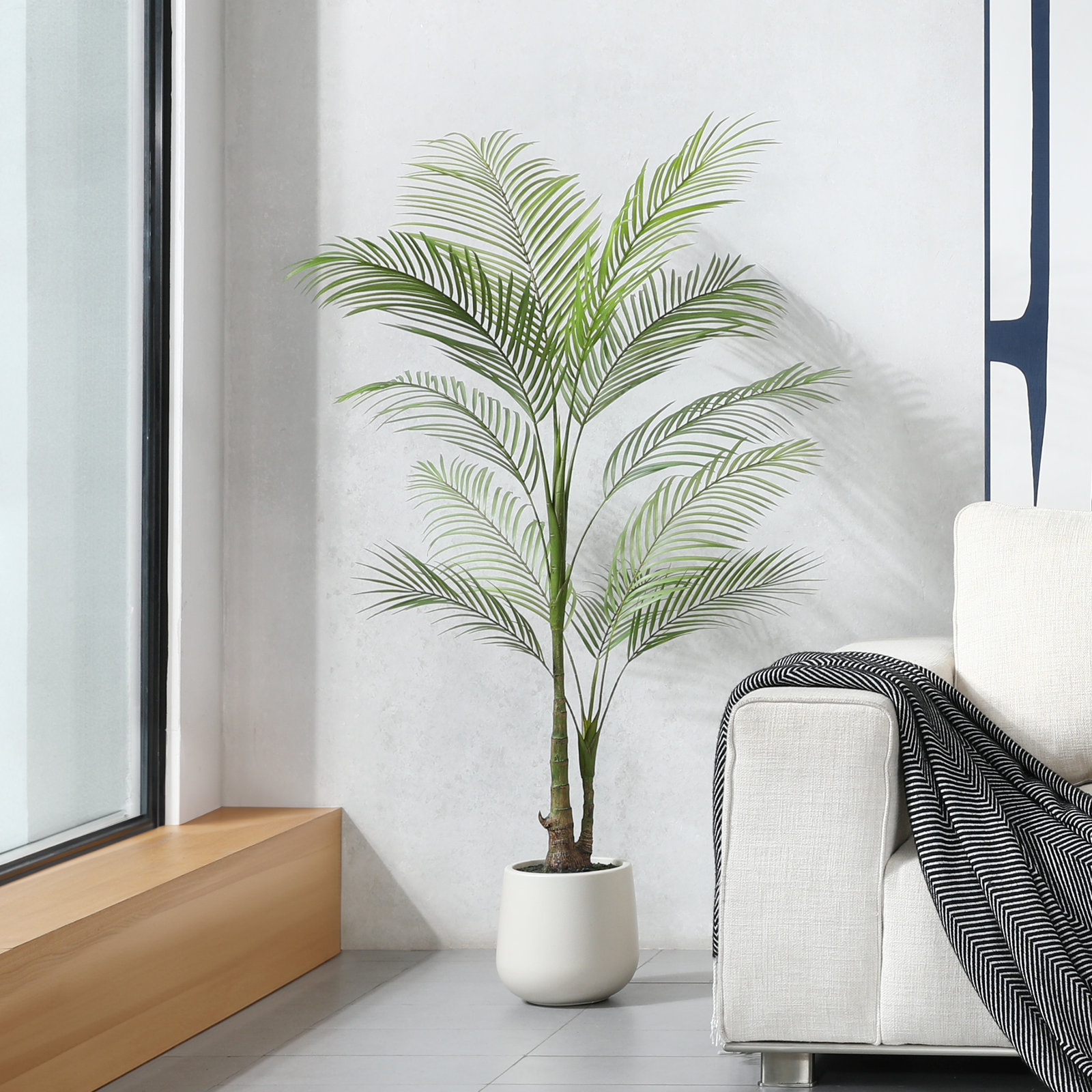 Amarillo Faux Palm Plants with Oval White Planter, Pre Potted Fake Greenry Palm Tree for Home Decor, 60" H x 20" W x 20" D