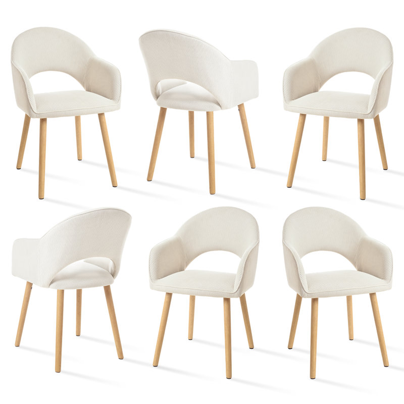 49.5cm H Modern Solid Wood Legs Upholstered Dining Chair with Arm, Beige Corduroy/Natural