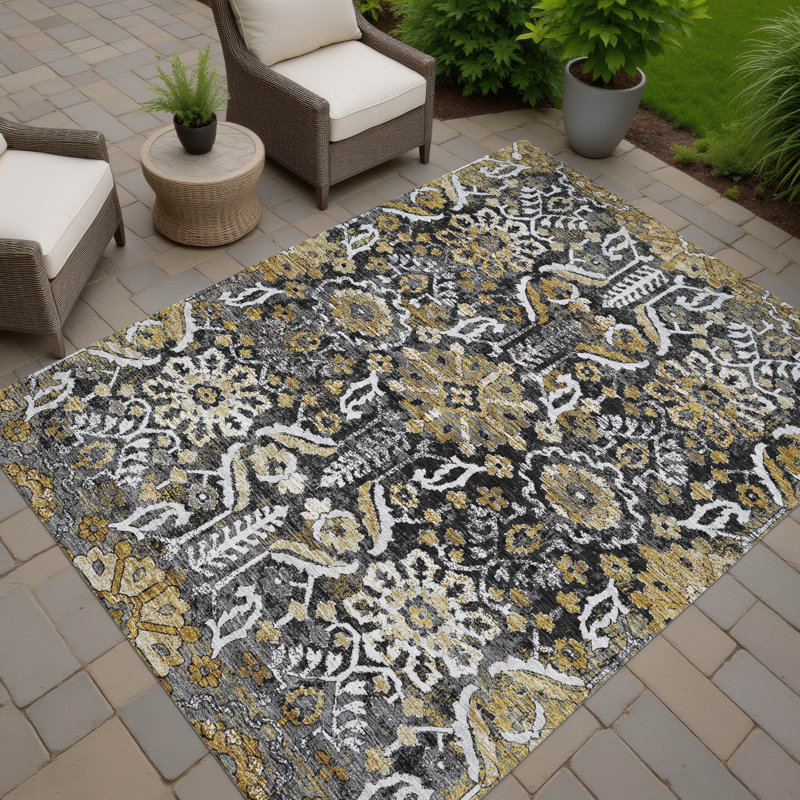 Machine Washable Indoor/Outdoor Chantille ACN2617 Damask Rug, 8' x 10', Black