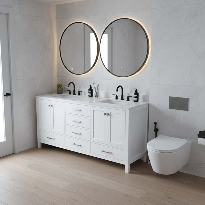 Meuble-lavabo 72 po, meuble-lavabo de salle de bain 72 po, comptoir autoportant avec 2 lavabos, Blanc