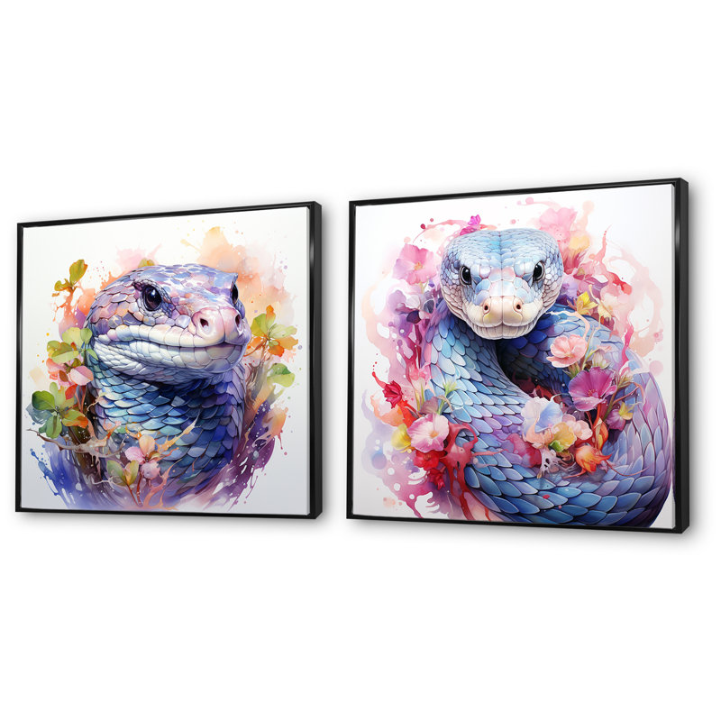 «Snakes Floral Grace I», ensemble de 2 reproductions d'art sur toile, Cadre flottant noir, H 30 po x l 61 po x P 1 po