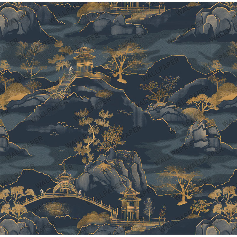 Dark Navy and Gold Chinoiserie Pagoda Landscape Wallpaper Pattern, Échantillon, Vinyle