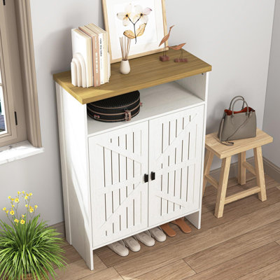 Range-chaussures pour entrée, armoire de rangement étroite à 5 niveaux avec 2 portes et tablette ouverte, range-chaussures autoportant avec porte en forme d'arbre pour le couloir