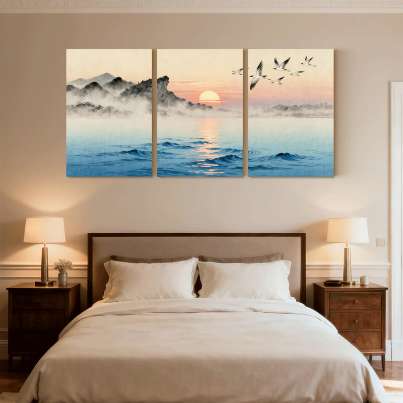 Nautical & Beach Sunset Mountains Mist Water Birds Sky Reflection Peace Set of 3 Canvas Wall Art Prints, 24" H x 48" W