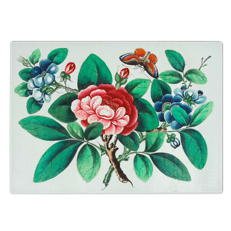 Glass Flowers & Butterfly Chopping Board, 39 cm W x 28.5 cm L
