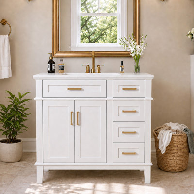 Meuble-lavabo moderne de 36 po avec lavabo en céramique blanc, porte à fermeture en douceur et 4 tiroirs de rangement, offrant un look raffiné avec une fonctionnalité pratique au quotidien.