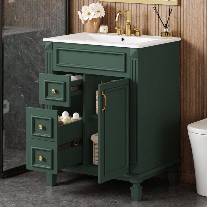 Meuble-lavabo 24 po avec lavabo en céramique, armoire verte d'inspiration française, 2 tiroirs et tablette réglable pour espaces compacts