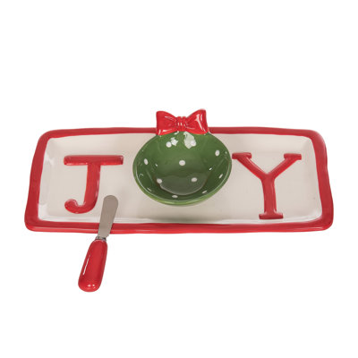 Ceramic Joy Chip Dip Platter for Serving Snacks and Appetizers Perfect for Christmas Gatherings Red Tabletop Decor Ideal for Indoor Use Great for Gift Giving and Hostess Gifts