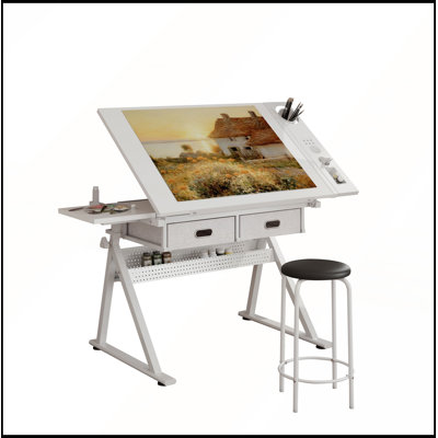 Adjustable Drawing Drafting Table with 2 Large Drawers and Stool for Home, Office, and School Use, White