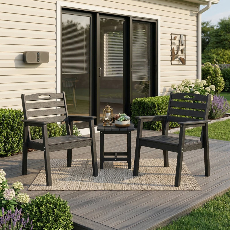 Ensemble de 2 chaises de salle à manger empilables pour l'extérieur, en osier PE à faible entretien avec dossier noir pour terrasse de jardin