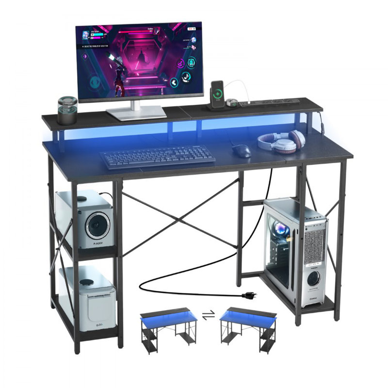 47" Gaming Desk with LED Lights & Power Outlets, Computer Desk with Monitor Stand & 2-Tier Storage Sheves,  Study Work for Home Office, Black