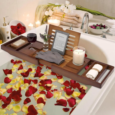 Plateau de bain extensible en bois avec support à vin et porte-bouteilles antidérapant, brun