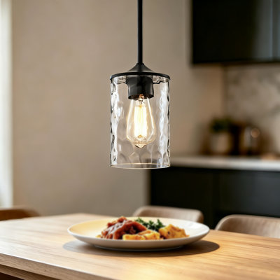 1-Light Matte Black Mini Pendant With Hammered Clear Glass Shade, Adjustable Height