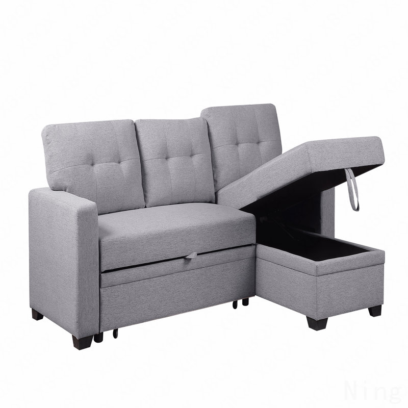 Upholstered Pull Out Sectional Sofa With Chaise, Light Gray