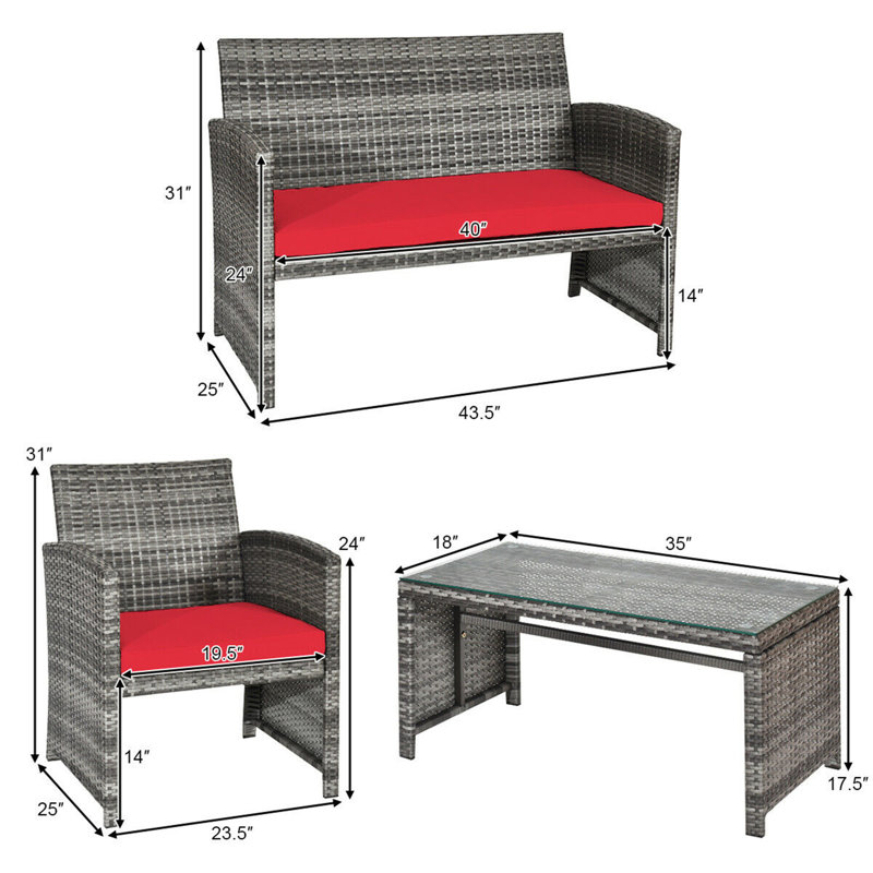 Alyssya 4 Piece Rattan Sofa Seating Group, Red