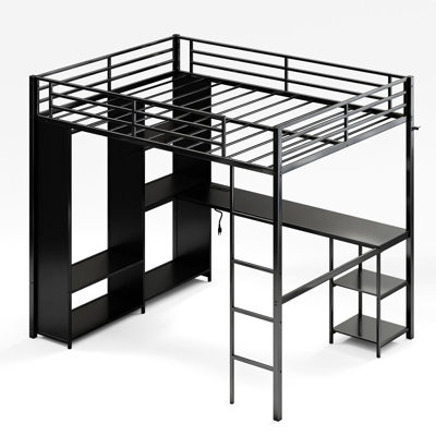 Structure de lit mezzanine en métal pour grand lit avec bureau en L, garde-robe, tablettes de rangement, garde-corps et échelle