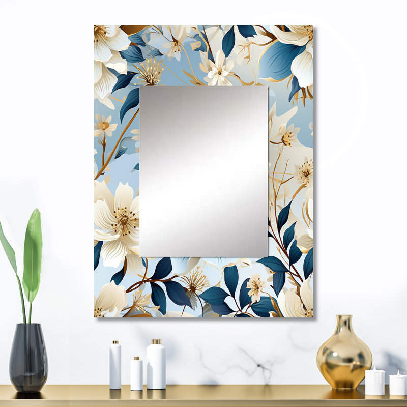 Motif floral de fleurs blanches et bleues de Youichi - miroir mural floral unique, 32 po x 24 po