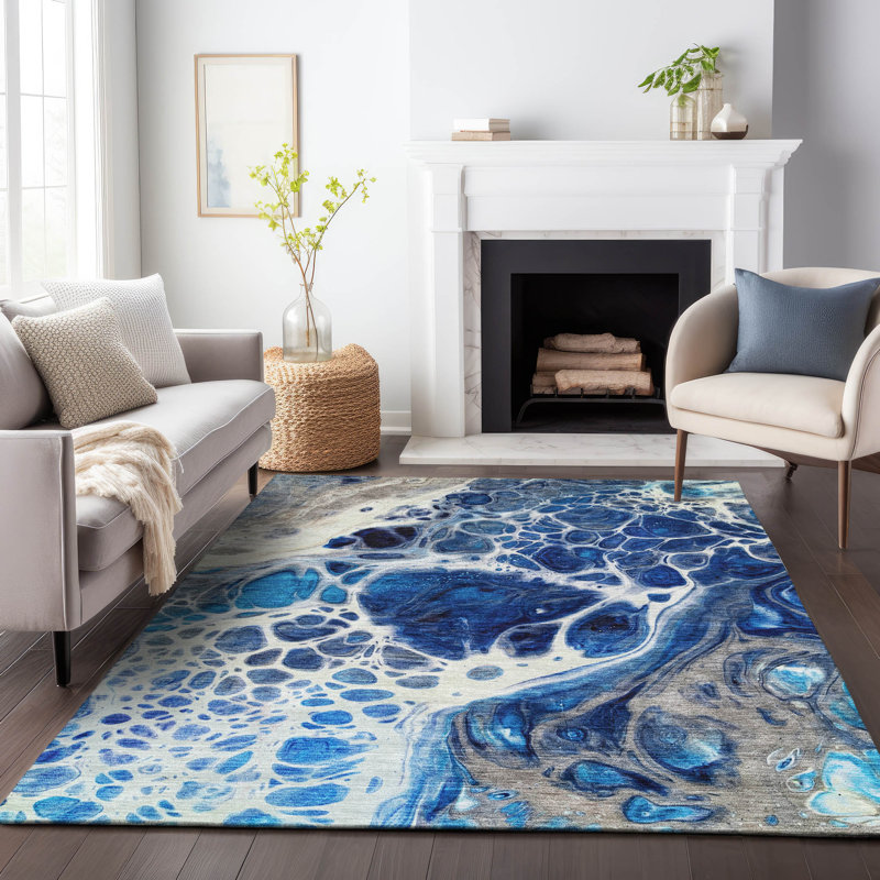 Tapis bleu marine de qualité supérieure lavable à la machine Prisco, Rectangulaire 8 pi x 10 pi