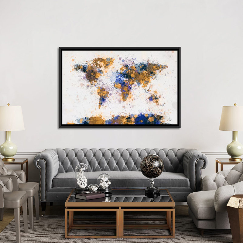 « world map paint gouttes iv » par michael tompsett, impression sur toile, H 18 po x l 26 po x P 1,5 po, Pas de tapis