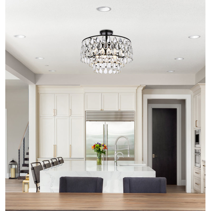 Stiner 3-Light Crystal Tiered Flush Mount, Brass, 12" H x 14" W x 14" D