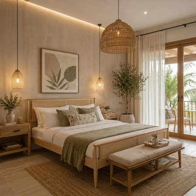 RattanVista Vintage Farmhouse Bed with Breathable PE Rattan Headboard