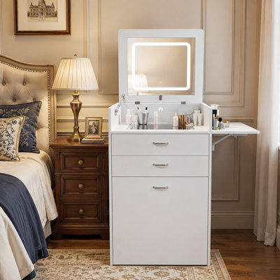 Bureau de coiffeuse multifonctionnel avec miroir lumineux à DEL et tabouret de rangement roulant, table de chevet / table de chevet convertible 3-en-1 pour la chambre à coucher