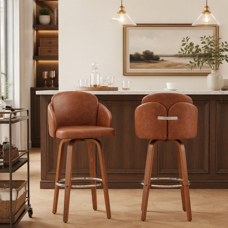 Tabouret de bar à hauteur fixe en bois de noyer et similicuir brun clair avec repose-pieds rond chromé - ensemble de 2