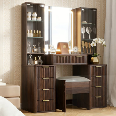 Meuble-lavabo à miroir à 10 tiroirs avec miroir DEL cannelé avec tabouret et station de charge