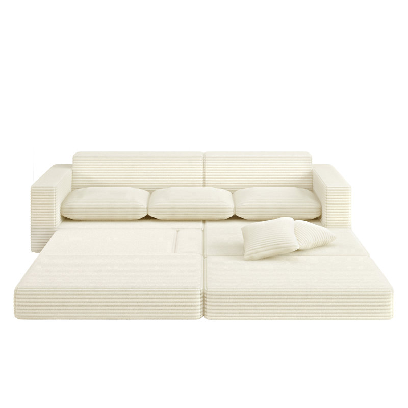 L-shaped Corduroy Modular Akuna With A Left-facing Seating Configuration, Which Can Be Converted Into A Bed., Beige Corduroy