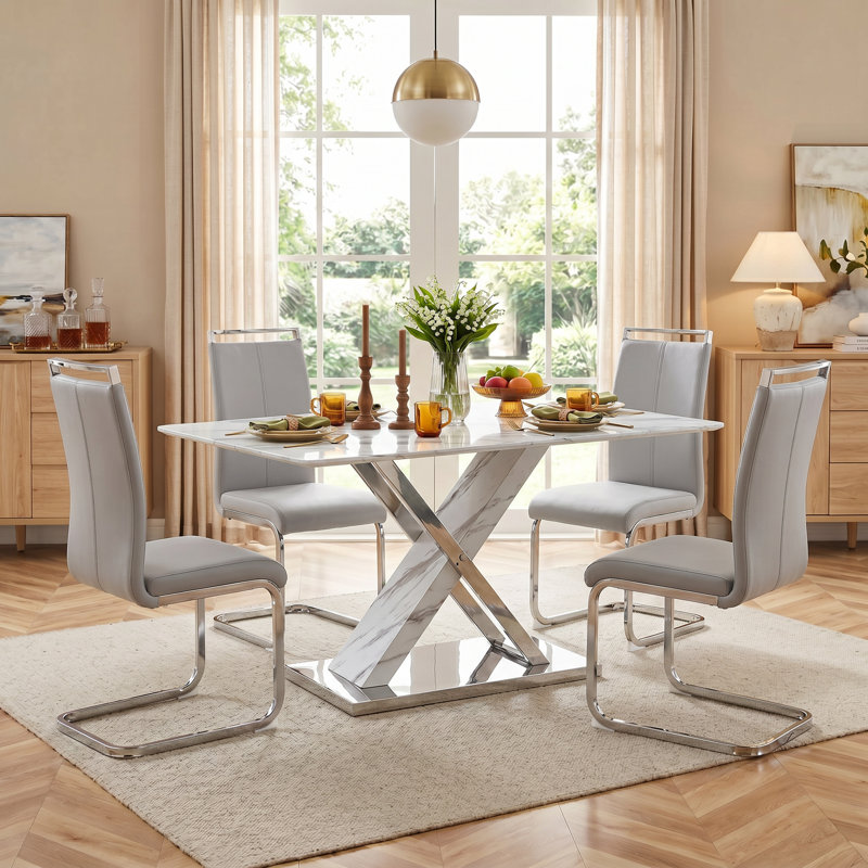 5-Piece Modern Rectangular Faux Marble Dining Set with Cantilever Chairs, Light Gray