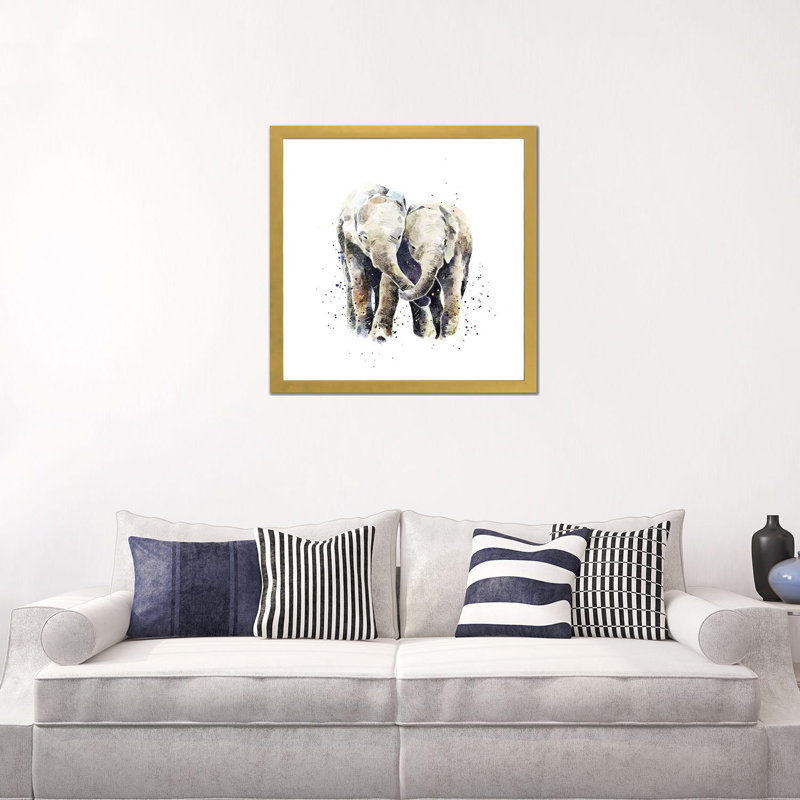 Deux éléphants par EdsWatercolours - impression, Papier encadré doré, Blanc, H 24 po x l 24 po x p 1 po